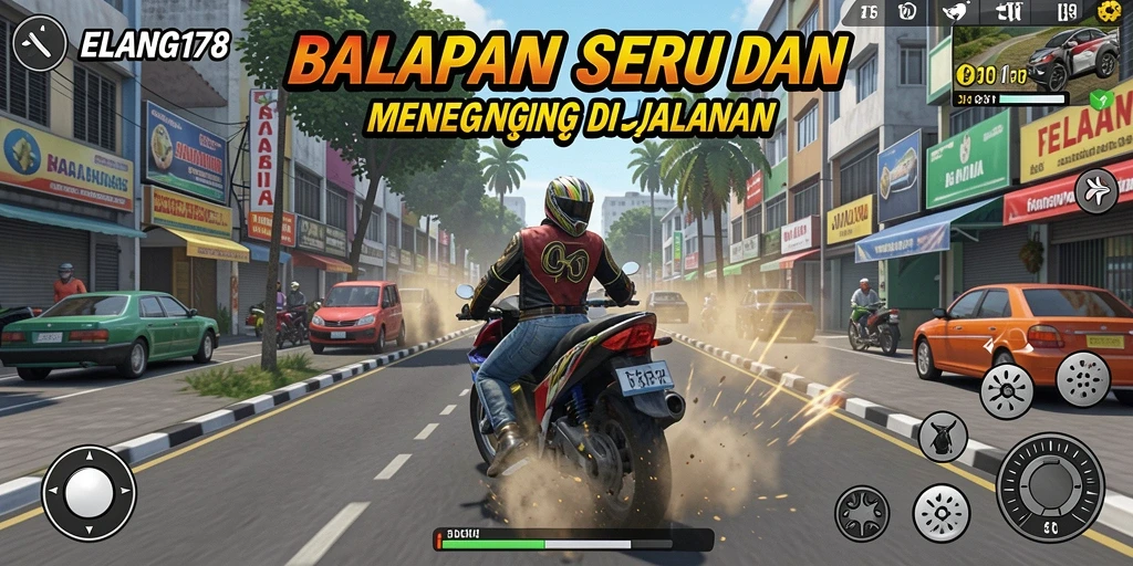 Tangkapan layar ELANG178 menampilkan aksi balapan mendebarkan di trek kota.