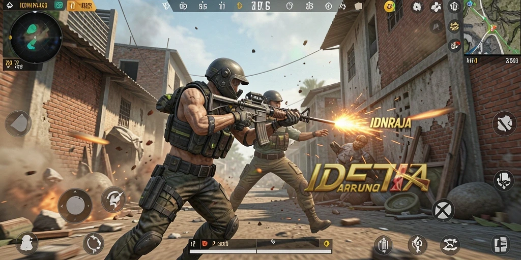 Tangkapan layar IDNRAJA menampilkan aksi menegangkan dalam pertempuran FPS.