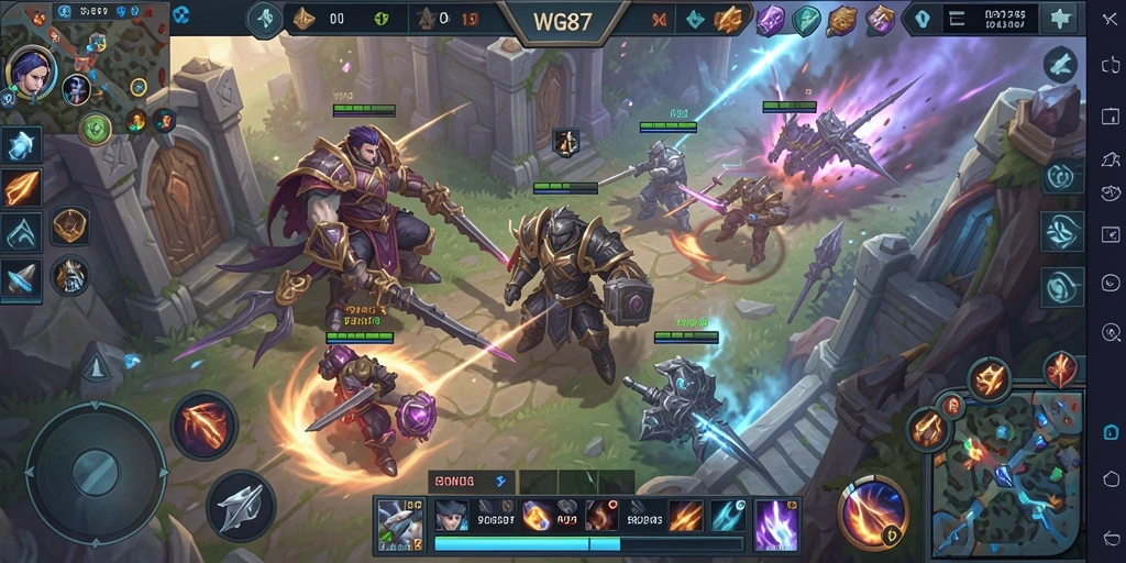 Tangkapan layar utama dari gameplay seru dalam WG87, menampilkan aksi pertarungan MOBA.